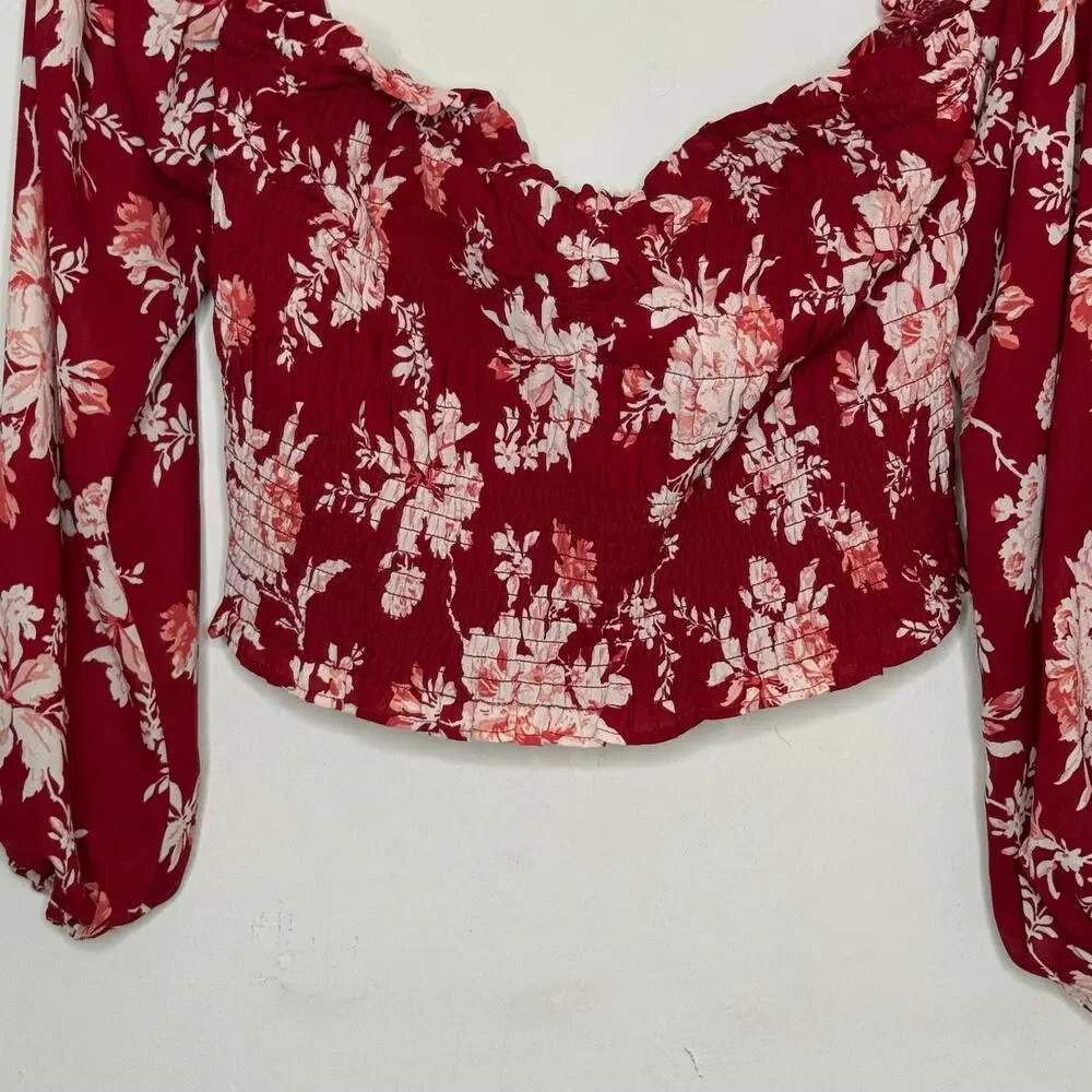 Abercrombie & Fitch L Floral Smocked Crop Top Puff Sleeve Boho Cottagecore